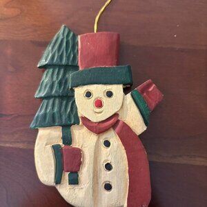Vintage Wooden Snowman Ornament Holiday